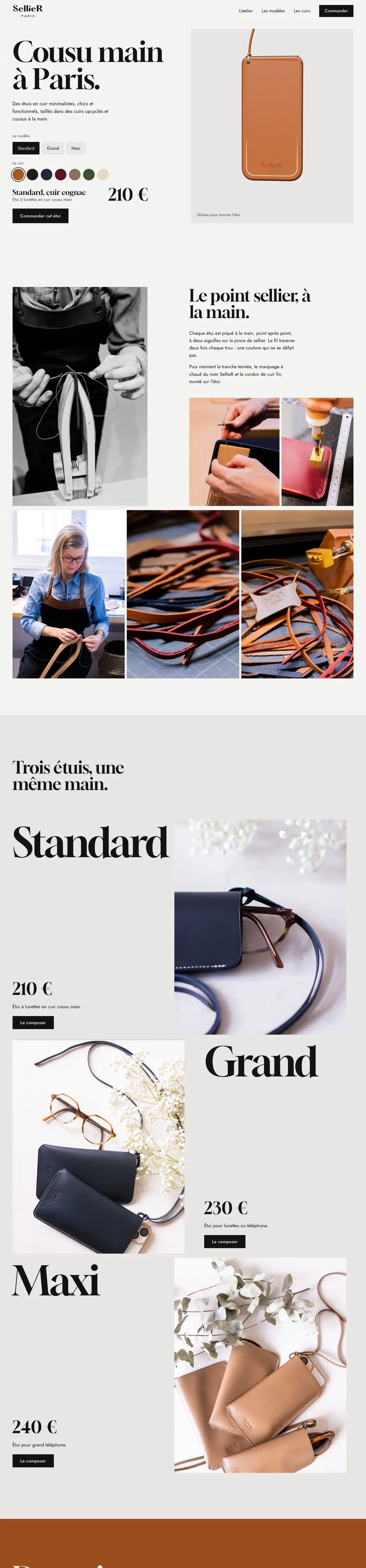 Page complète du site démo Sellier Paris, une marque de maroquinerie.